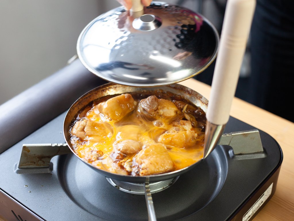 Japanese oyako nabe pan lid 16cm stainless steel with wooden knob, shown with original packaging label
