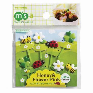 Honey and Flowers bento food picks set of 8 - bee, ladybird, clover and daisy designs