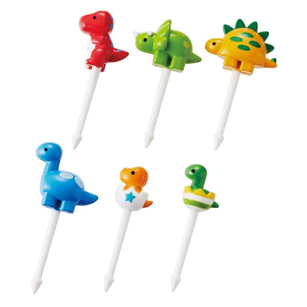 Set of 6 colorful dinosaur bento picks including red T-rex, green triceratops, yellow stegosaurus, blue brontosaurus, orange baby T-rex hatching from egg, and green baby dinosaur
