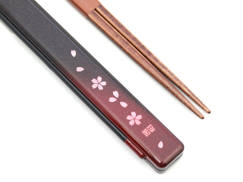 Sakura Petals chopsticks set with matching case, red and black Japanese design