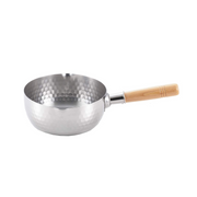 YukiHira Nabe Pot 16cm – stainless steel saucepan with honeycomb hammered interior and natural wood handle, angled top view on white background