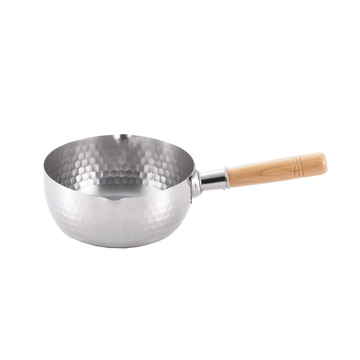 YukiHira Nabe Pot 16cm – stainless steel saucepan with honeycomb hammered interior and natural wood handle, angled top view on white background